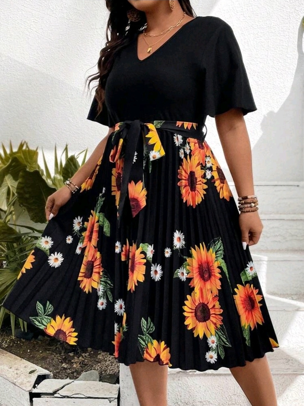 SHEIN CURVE SUNFLOWER PLEATED DRESS SZ 1X